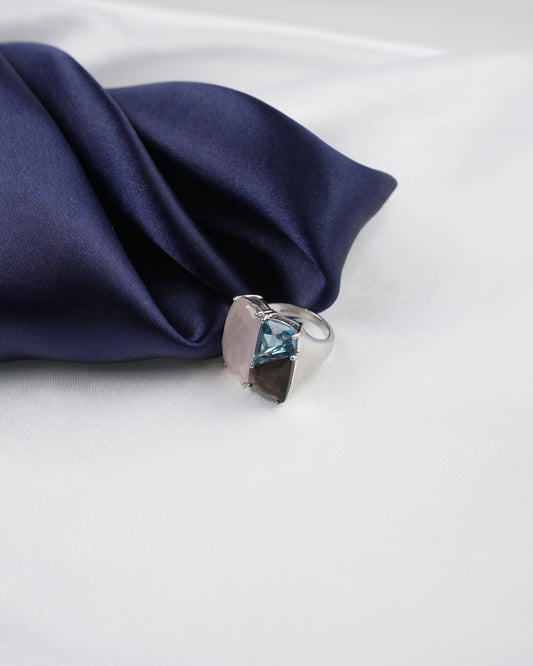 Luxury Bangkok Fashion Ring in 925 Silver – Natural Rose Quartz, Blue Topaz & Smoky Quartz | Unique Triple-Gemstone Designer Ring