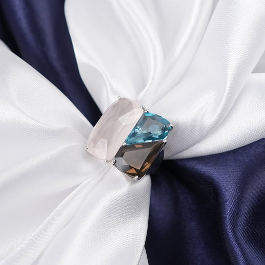 Luxury Bangkok Fashion Ring in 925 Silver – Natural Rose Quartz, Blue Topaz & Smoky Quartz | Unique Triple-Gemstone Designer Ring