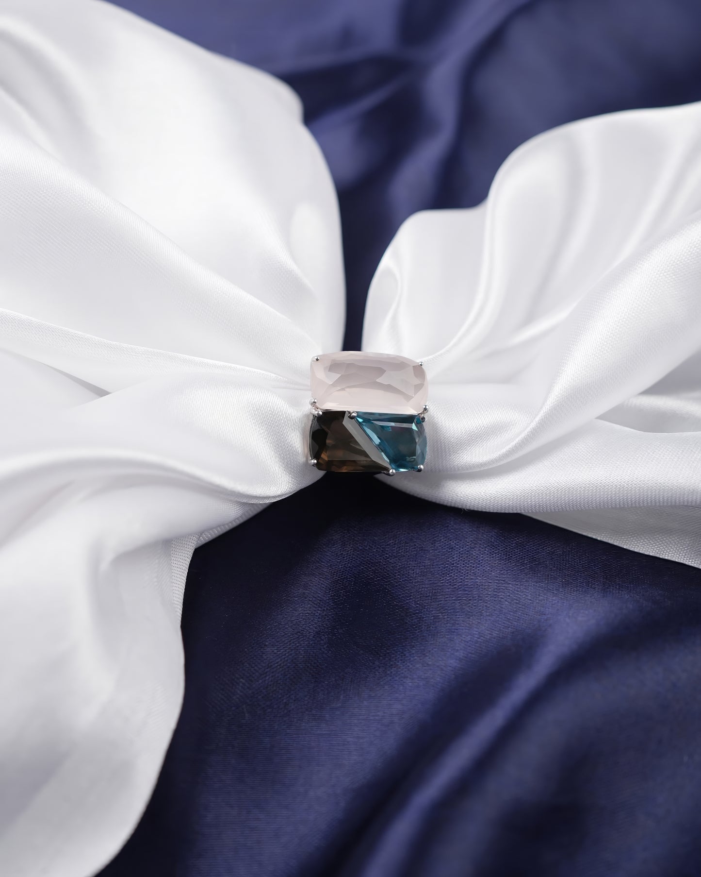 Luxury Bangkok Fashion Ring in 925 Silver – Natural Rose Quartz, Blue Topaz & Smoky Quartz | Unique Triple-Gemstone Designer Ring