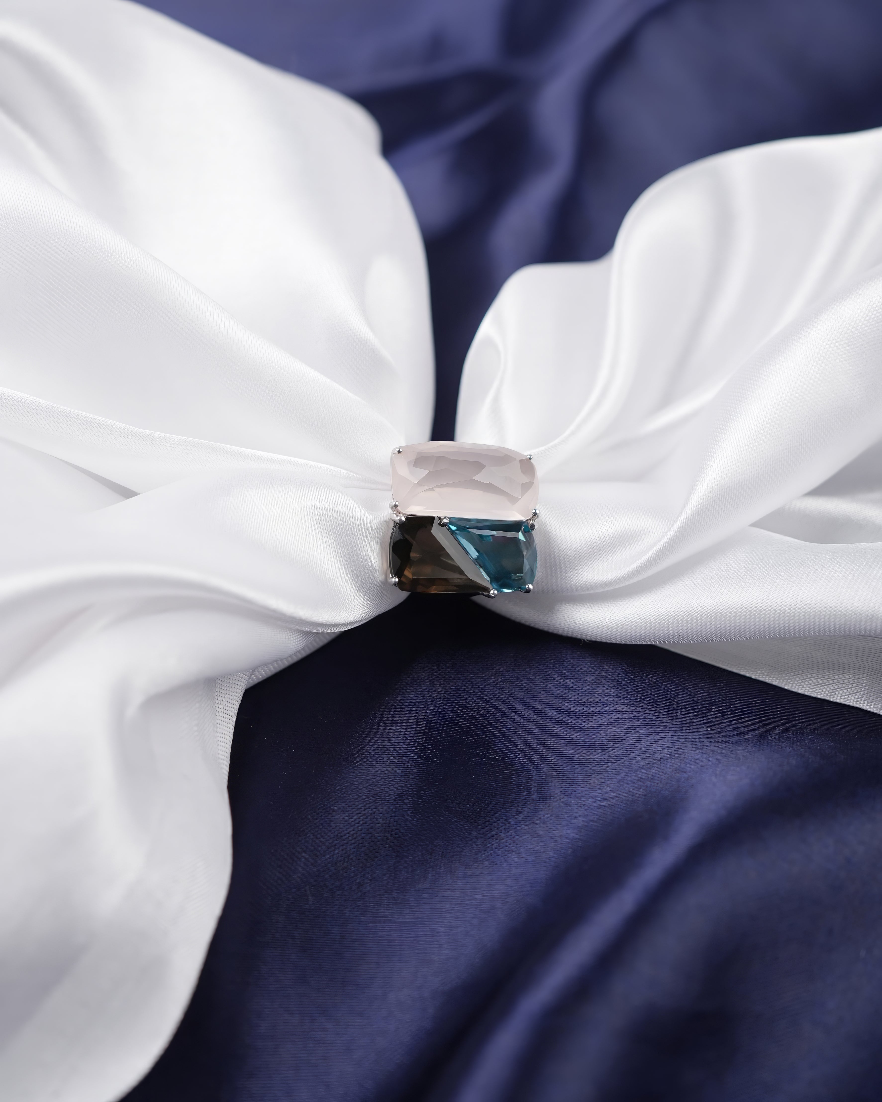 Luxury Bangkok Fashion Ring in 925 Silver – Natural Rose Quartz, Blue Topaz & Smoky Quartz | Unique Triple-Gemstone Designer Ring