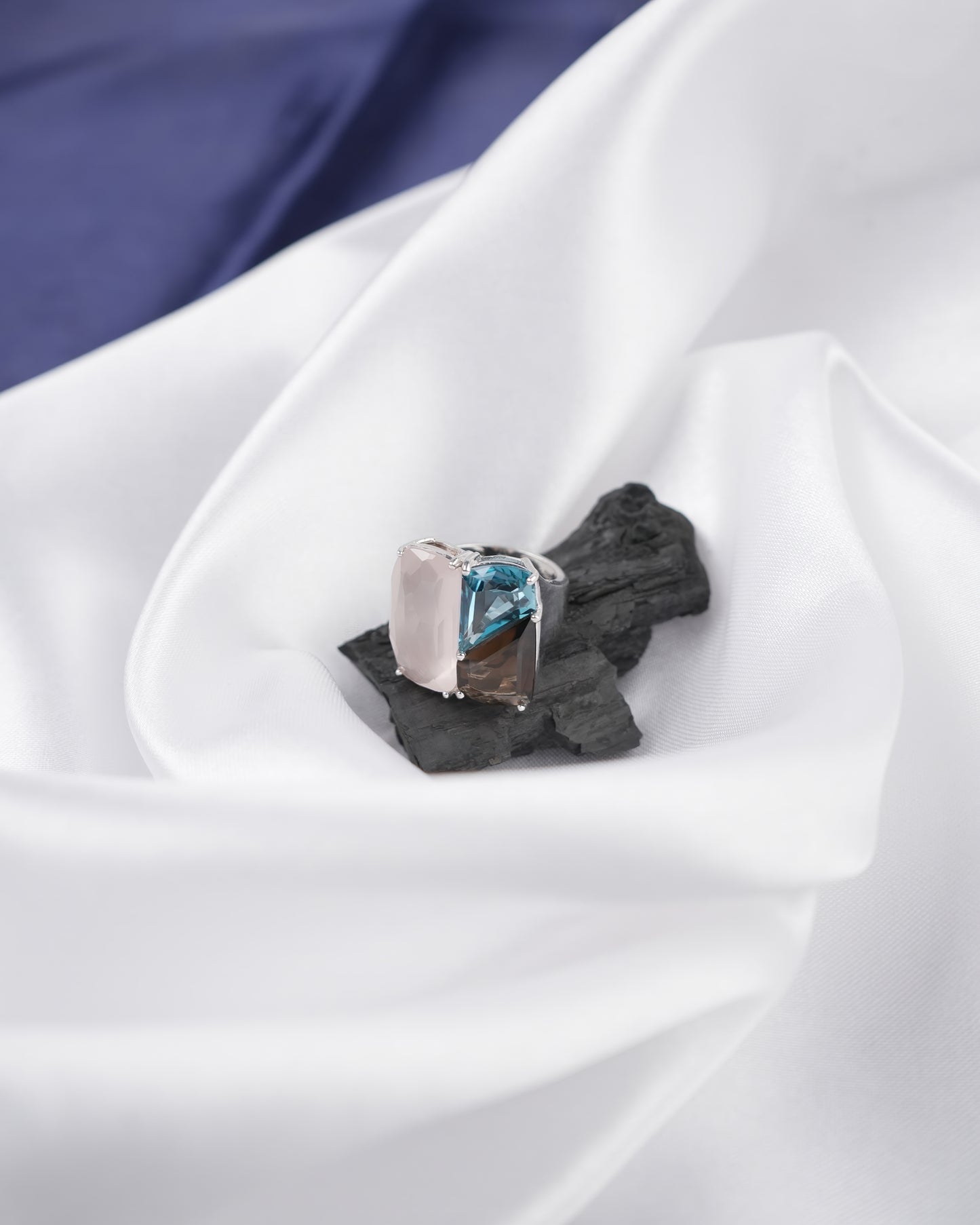 Luxury Bangkok Fashion Ring in 925 Silver – Natural Rose Quartz, Blue Topaz & Smoky Quartz | Unique Triple-Gemstone Designer Ring