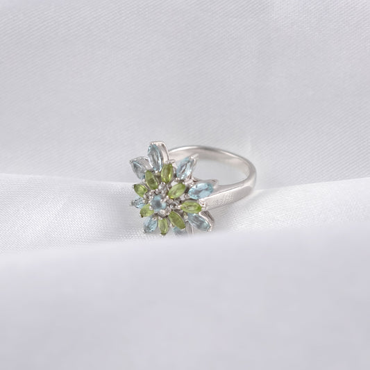 Nature-Inspired Sterling Silver Flower Ring | Duo-Tone Green and Blue Gemstone Ring