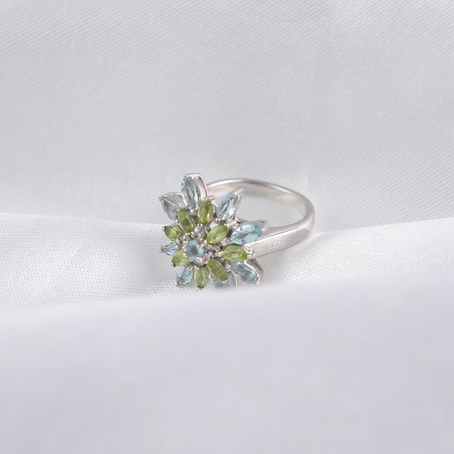 Nature-Inspired Sterling Silver Flower Ring | Duo-Tone Green and Blue Gemstone Ring Hover Image