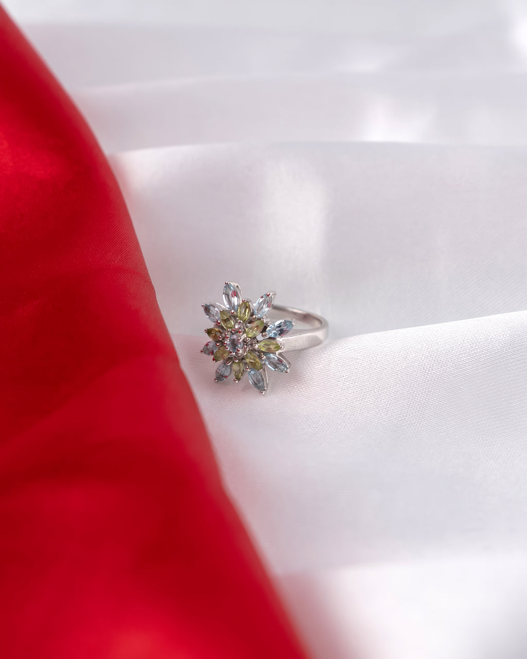 Nature-Inspired Sterling Silver Flower Ring | Duo-Tone Green and Blue Gemstone Ring