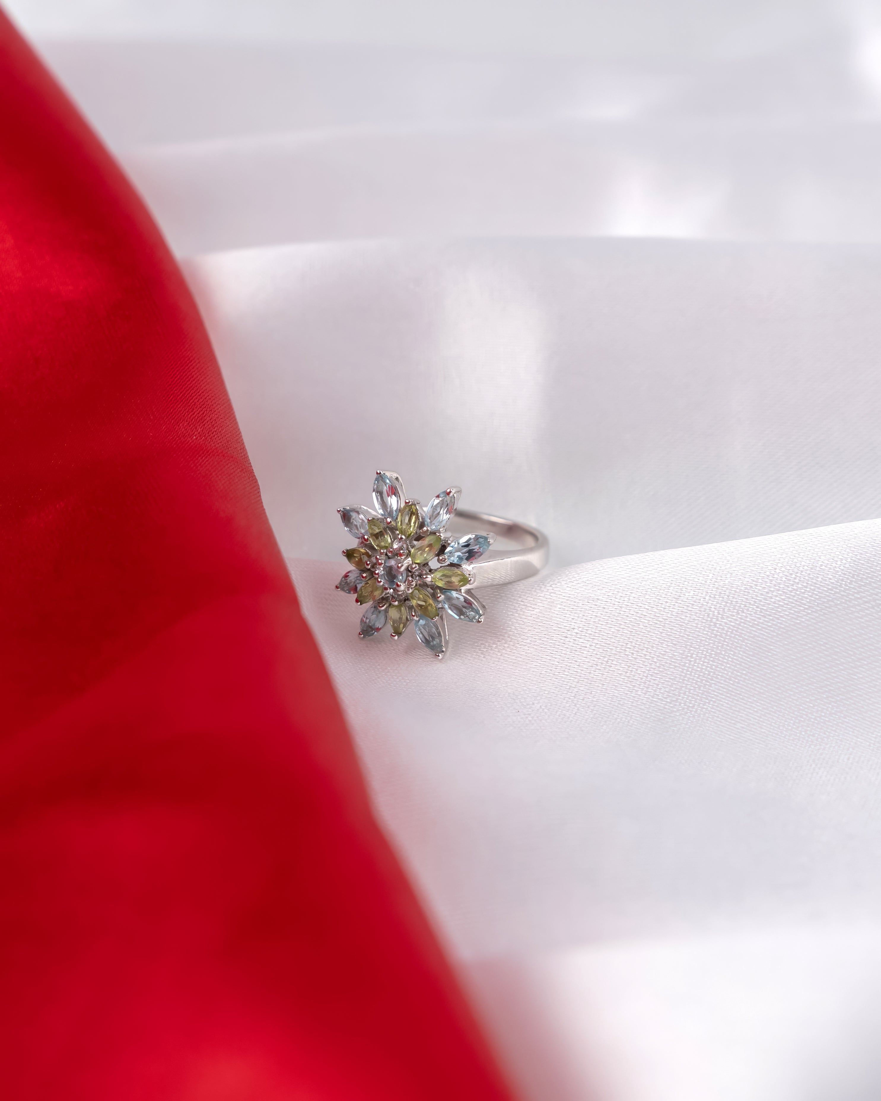 Nature-Inspired Sterling Silver Flower Ring | Duo-Tone Green and Blue Gemstone Ring