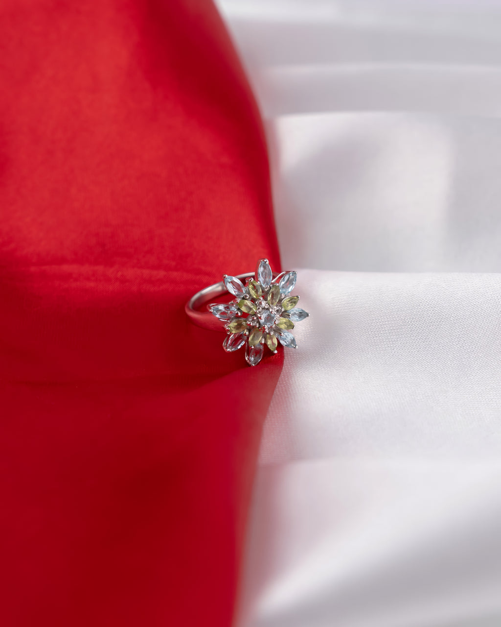 Nature-Inspired Sterling Silver Flower Ring | Duo-Tone Green and Blue Gemstone Ring