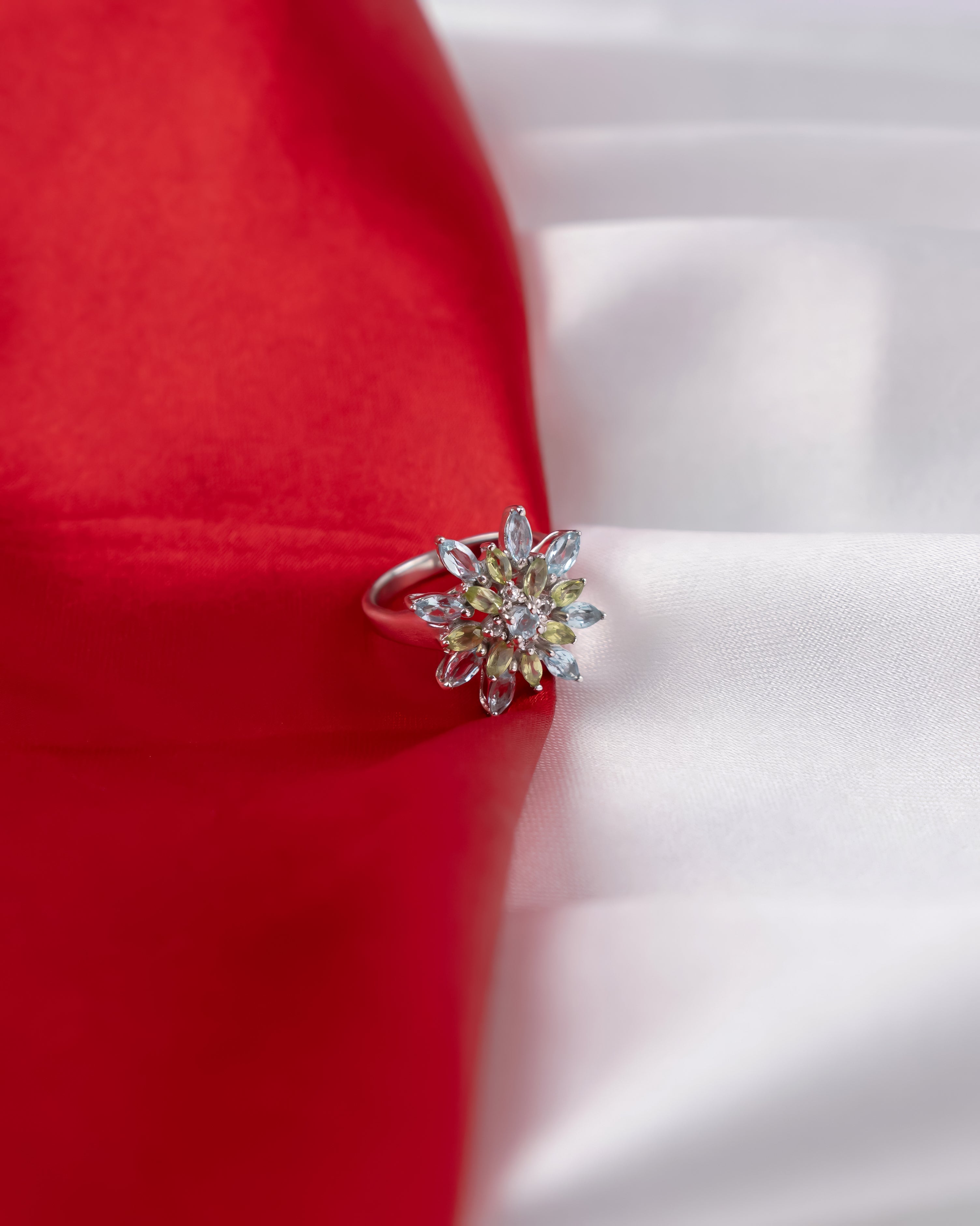 Nature-Inspired Sterling Silver Flower Ring | Duo-Tone Green and Blue Gemstone Ring