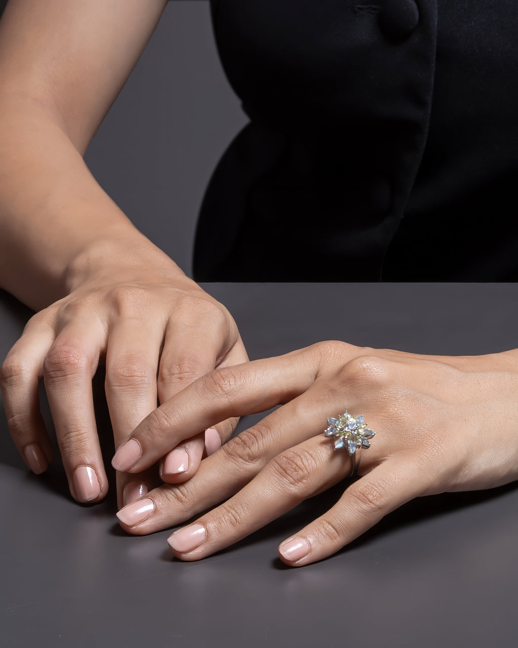 Nature-Inspired Sterling Silver Flower Ring | Duo-Tone Green and Blue Gemstone Ring