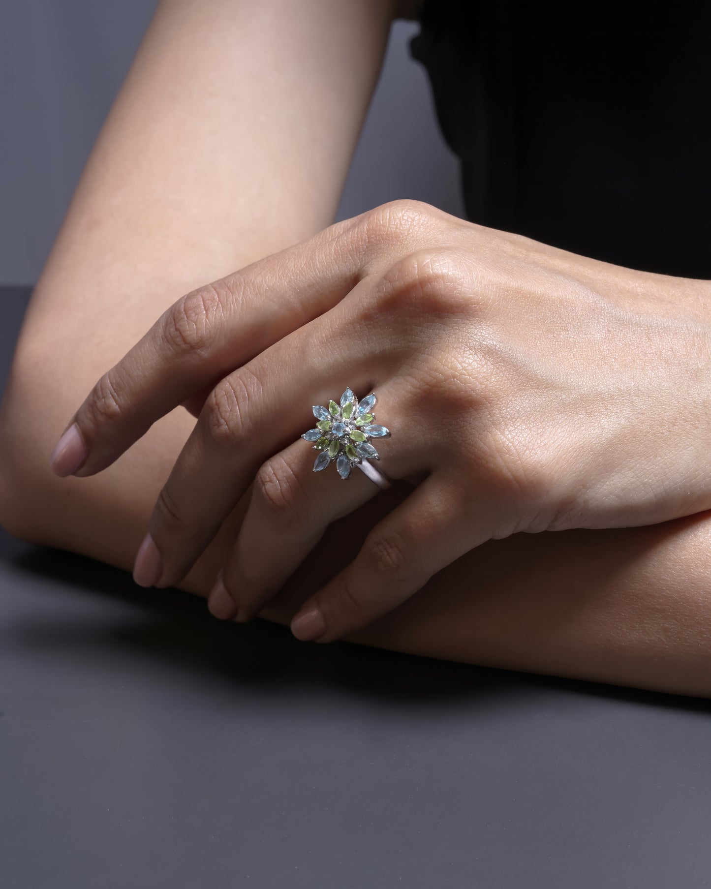 Nature-Inspired Sterling Silver Flower Ring | Duo-Tone Green and Blue Gemstone Ring