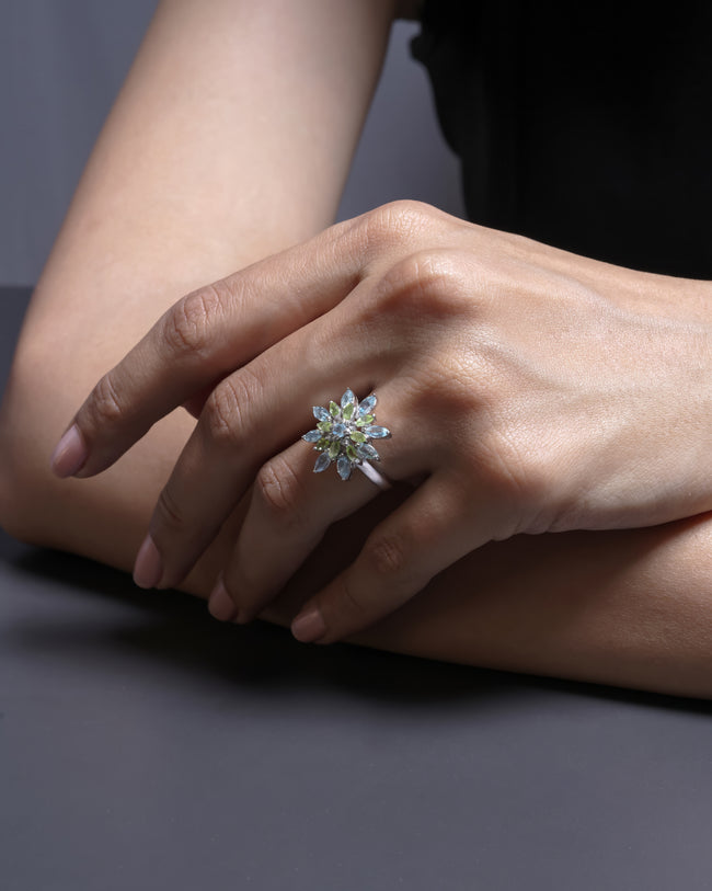 Nature-Inspired Sterling Silver Flower Ring | Duo-Tone Green and Blue Gemstone Ring Main Image