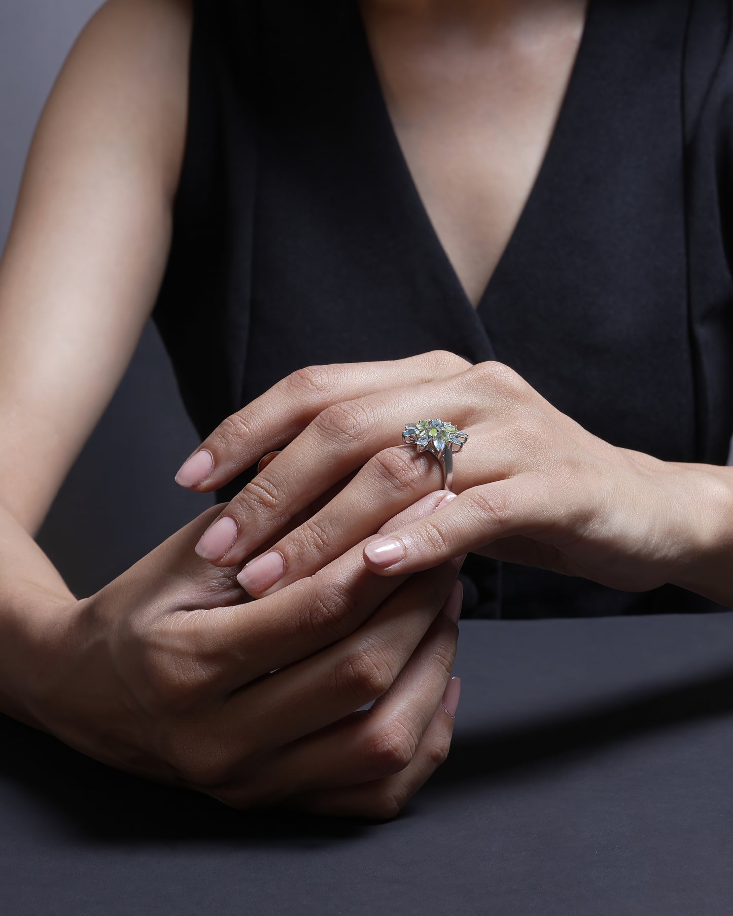Nature-Inspired Sterling Silver Flower Ring | Duo-Tone Green and Blue Gemstone Ring