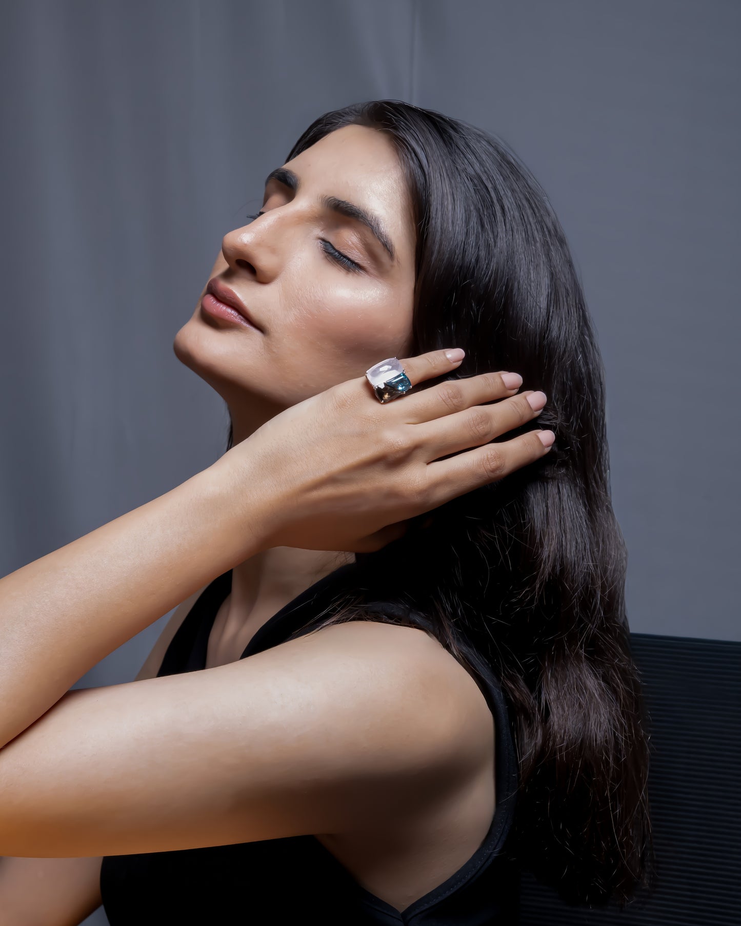 Luxury Bangkok Fashion Ring in 925 Silver – Natural Rose Quartz, Blue Topaz & Smoky Quartz | Unique Triple-Gemstone Designer Ring